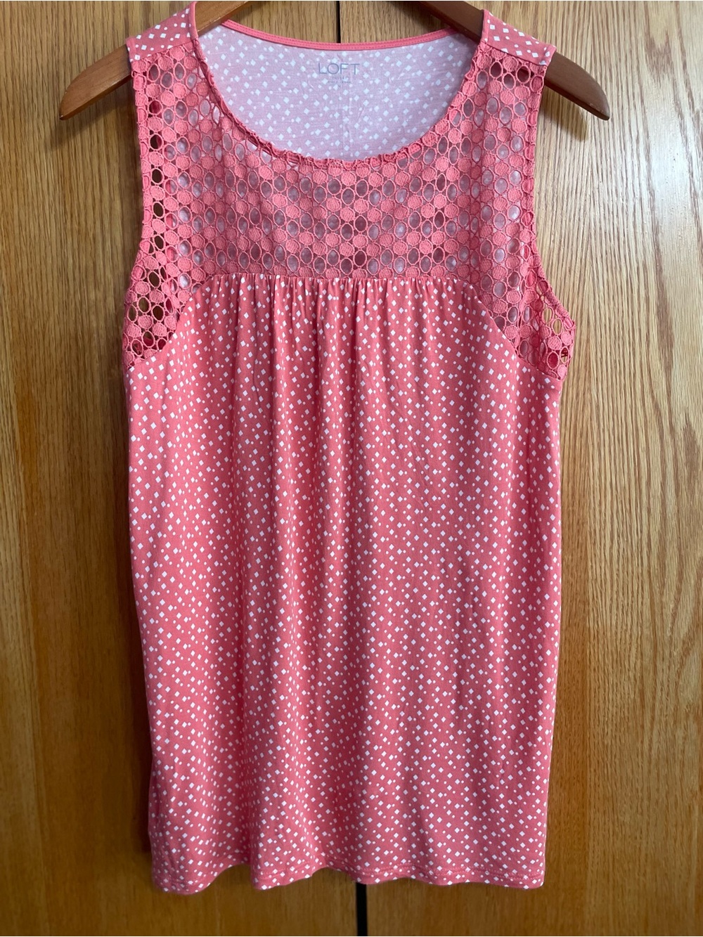 LOFT Coral Eyelet Yoke Polka Dot Sleeveless Top